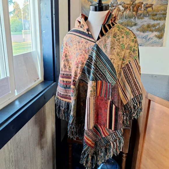 Kathmandu Imports Mushroom Patchwork Fringed Poncho, 100% Cotton, Size S/M? - Picture 8 of 14